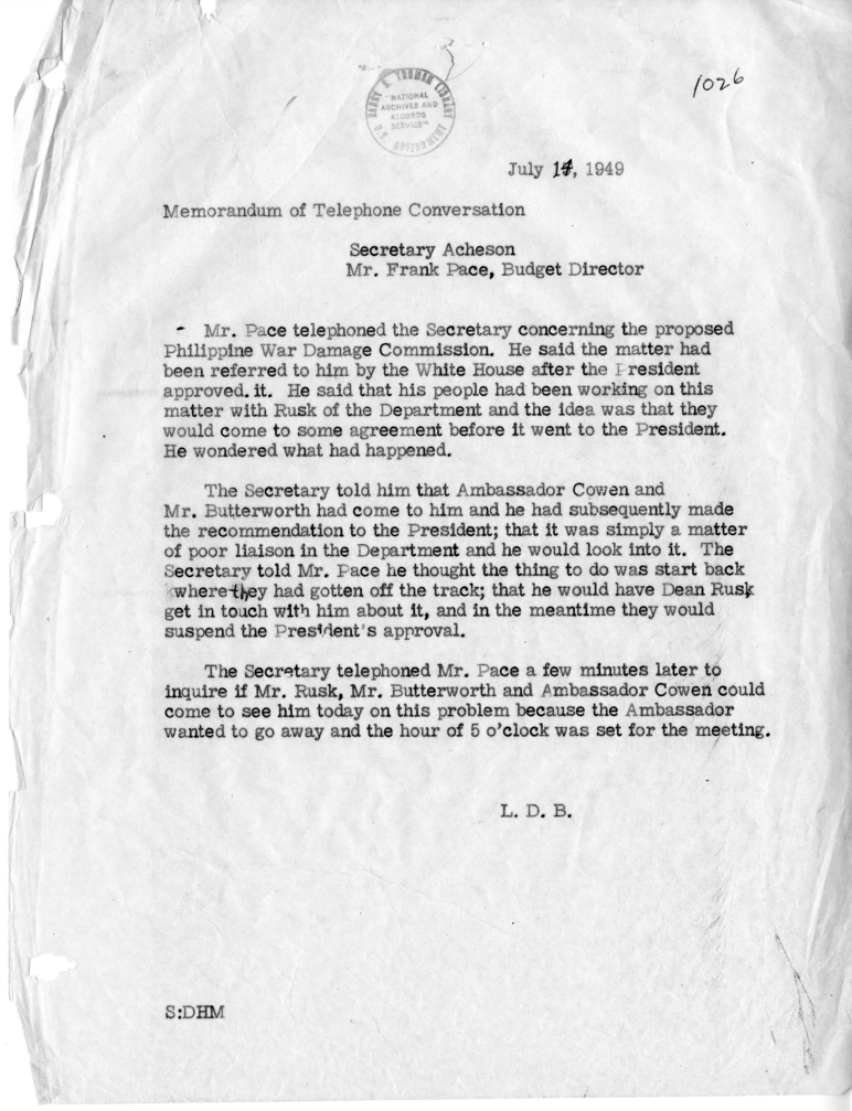 Memorandum of Telephone Conversation with Mr. Frank Pace
