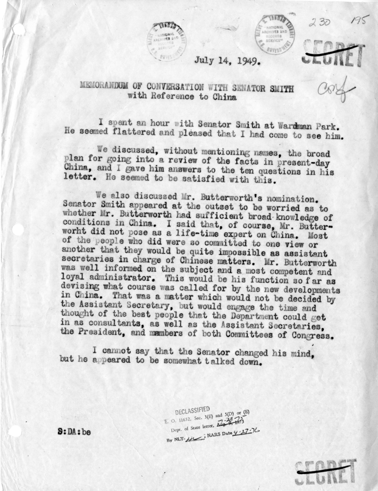 Memorandum of Conversation with Senator Smith