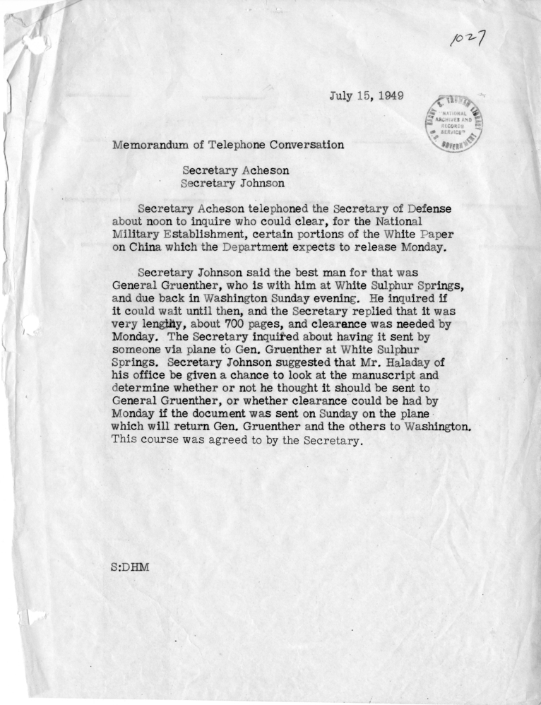 Memorandum of Telephone Conversation with Secretary of Defense Louis Johnson