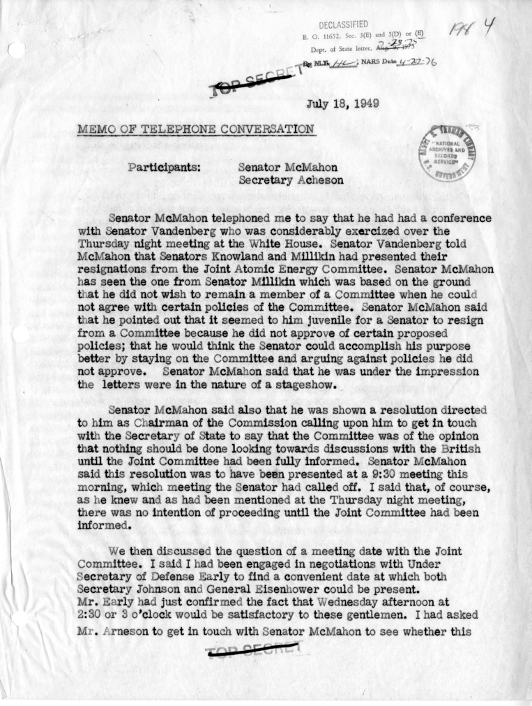 Memorandum of Telephone Conversation with Senator Brien McMahon