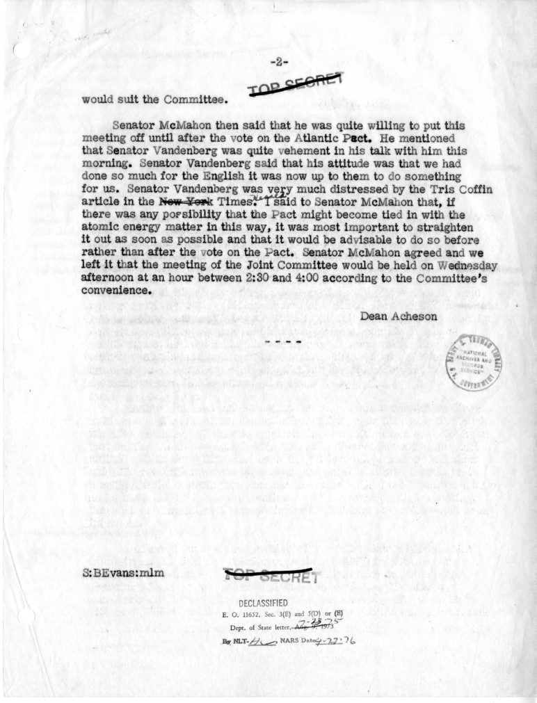 Memorandum of Telephone Conversation with Senator Brien McMahon