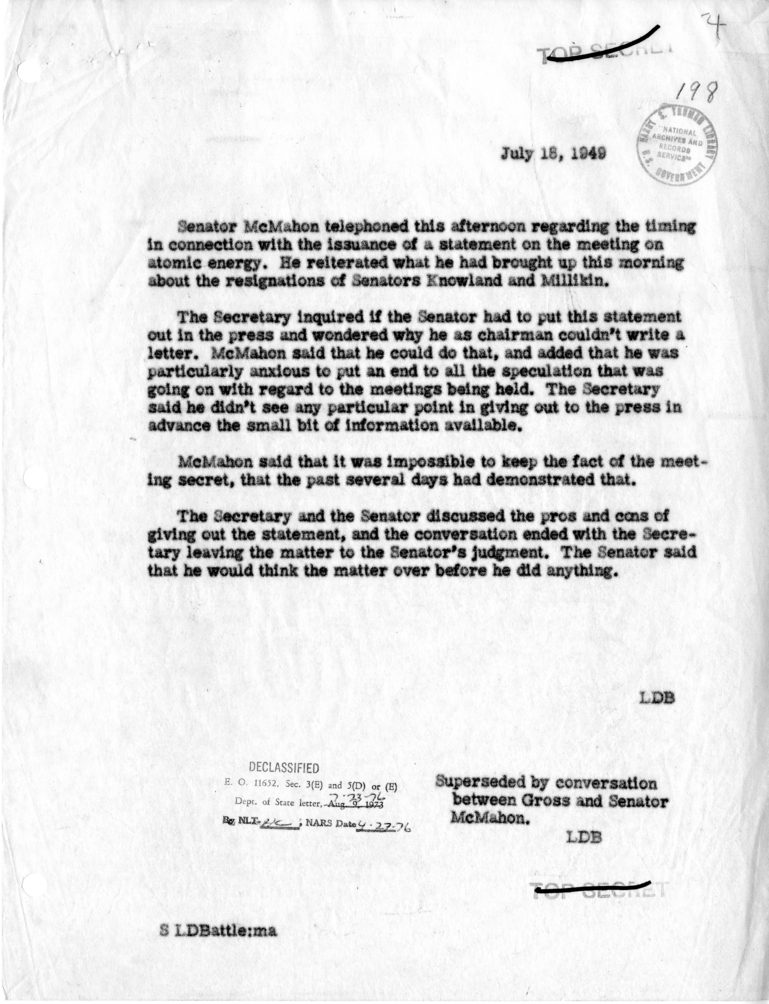 Memorandum of Telephone Conversation with Senator Brien McMahon