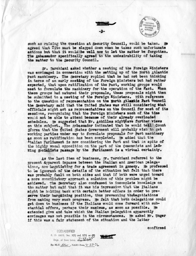 Memorandum of Conversation with the Ambassador of Italy