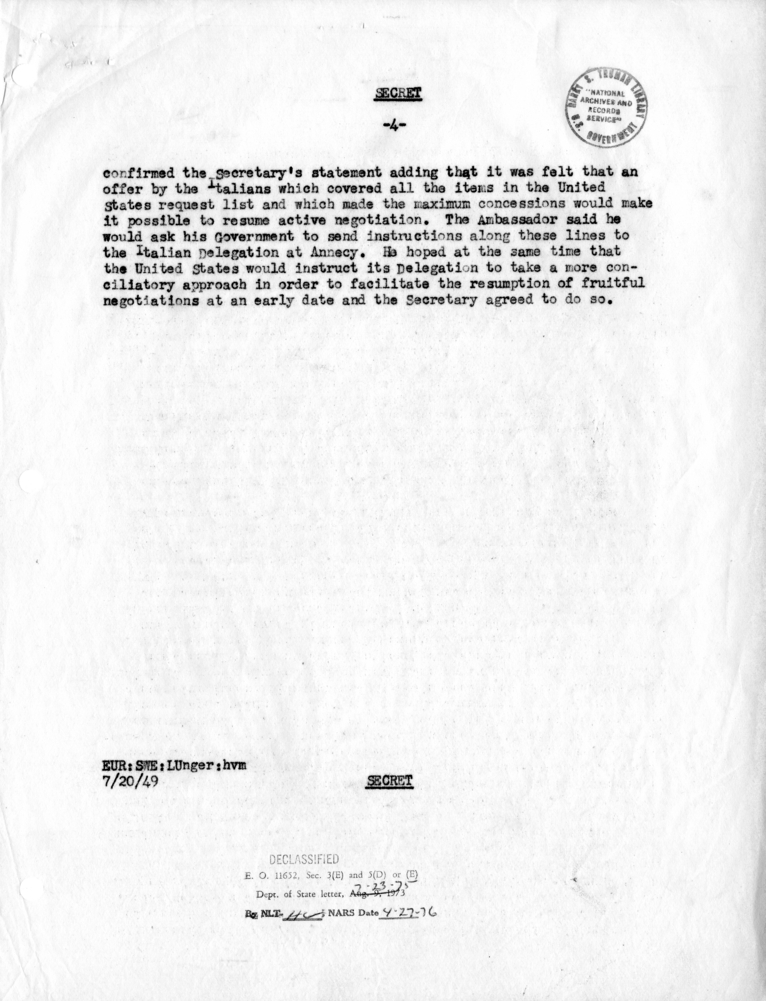 Memorandum of Conversation with the Ambassador of Italy