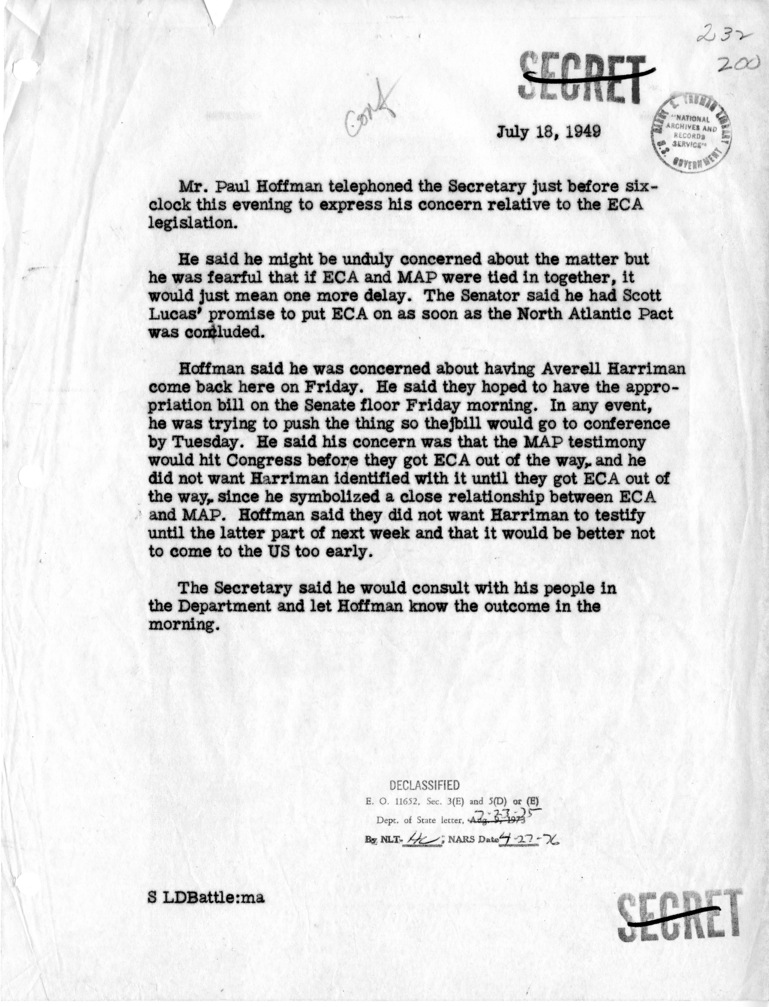 Memorandum of Telephone Conversation with Mr. Paul Hoffman