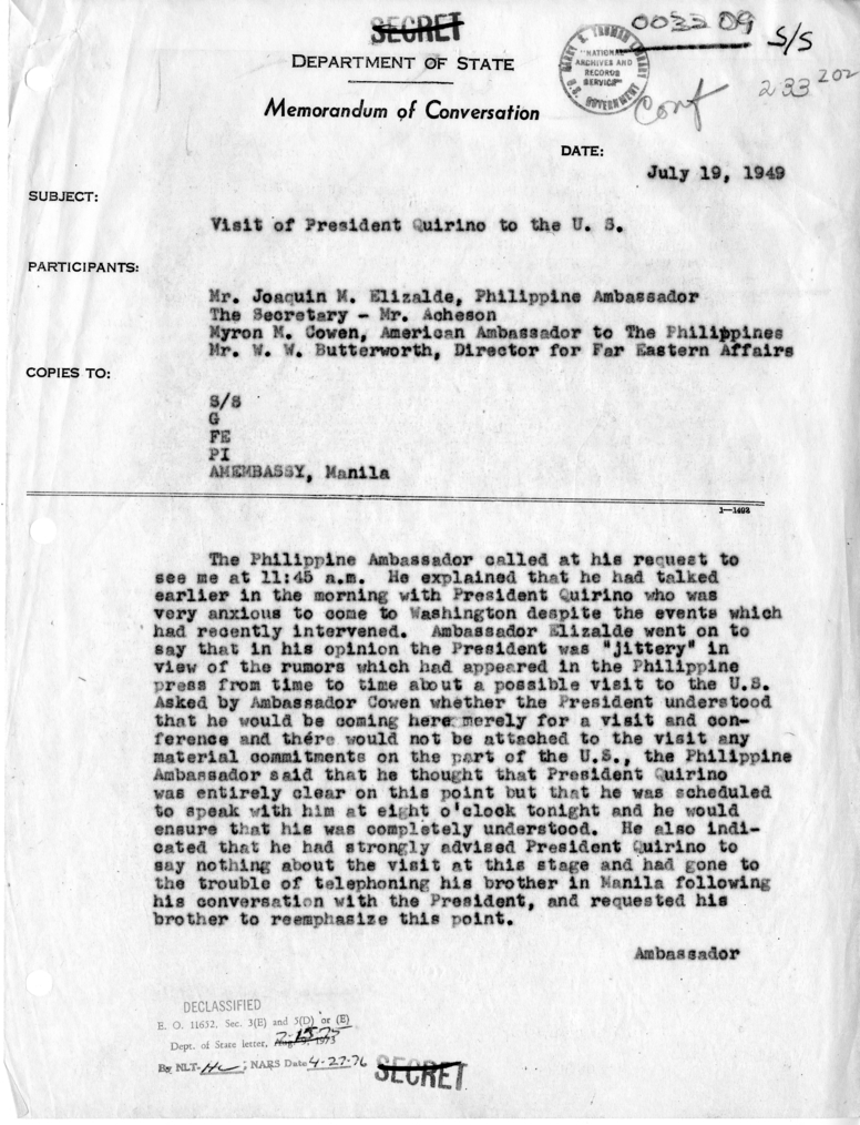Memorandum of Conversation with the Ambassador of the Philippines, Mr. Joaquin M. Elizalde, and Others