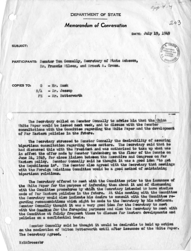 Memorandum of Conversation with Senator Tom Connally, Dr. Francis Wilcox, and Ernest A. Gross