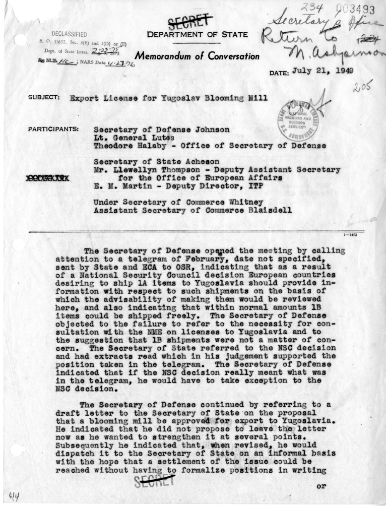 Memorandum of Conversation with Secretary of Defense Louis Johnson and Others