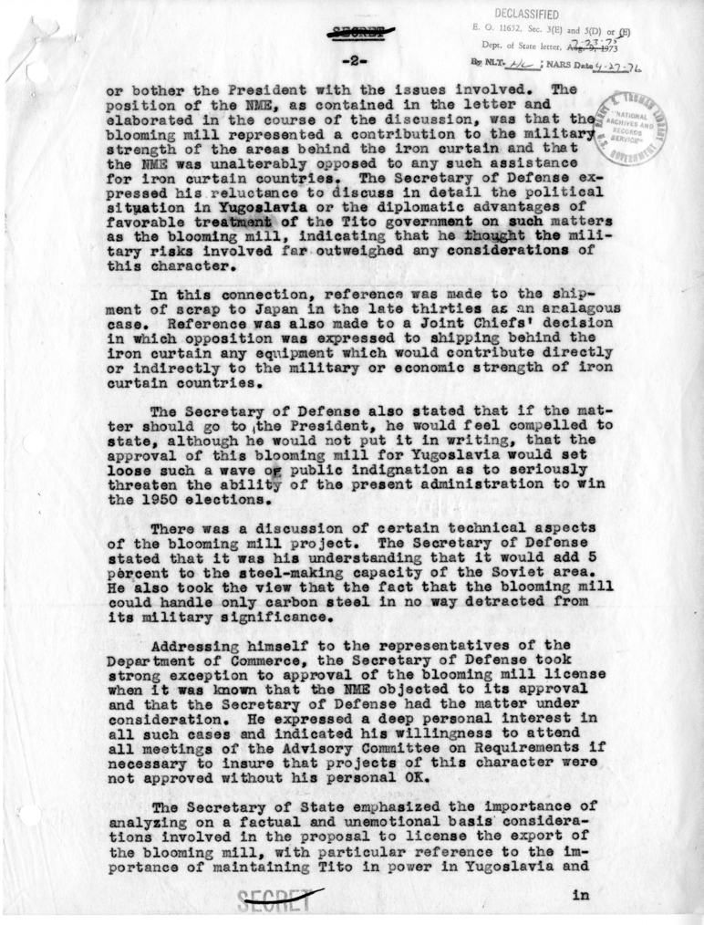Memorandum of Conversation with Secretary of Defense Louis Johnson and Others