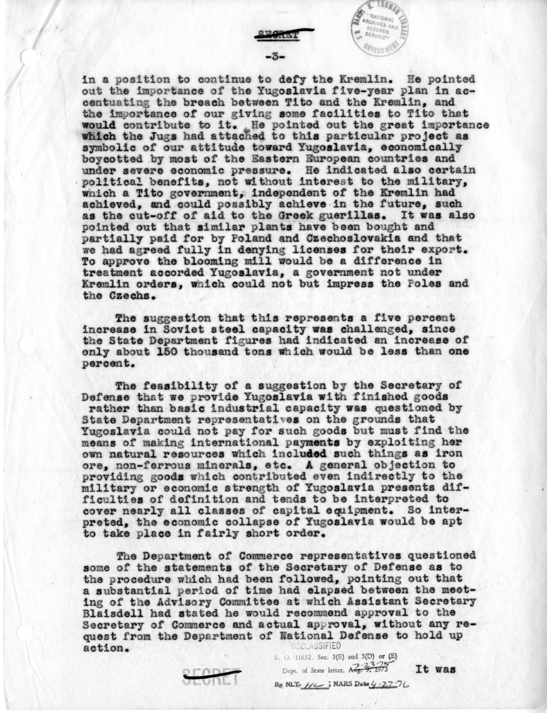 Memorandum of Conversation with Secretary of Defense Louis Johnson and Others