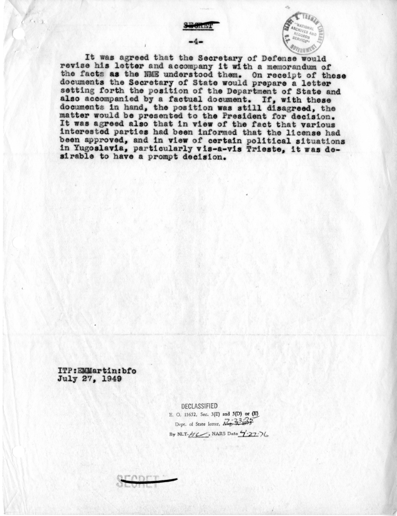 Memorandum of Conversation with Secretary of Defense Louis Johnson and Others