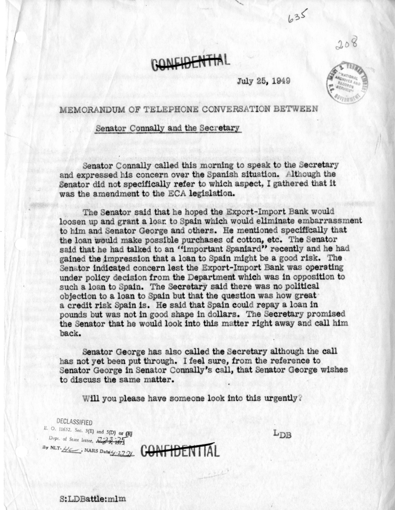 Memorandum of Telephone Conversation with Senator Tom Connally