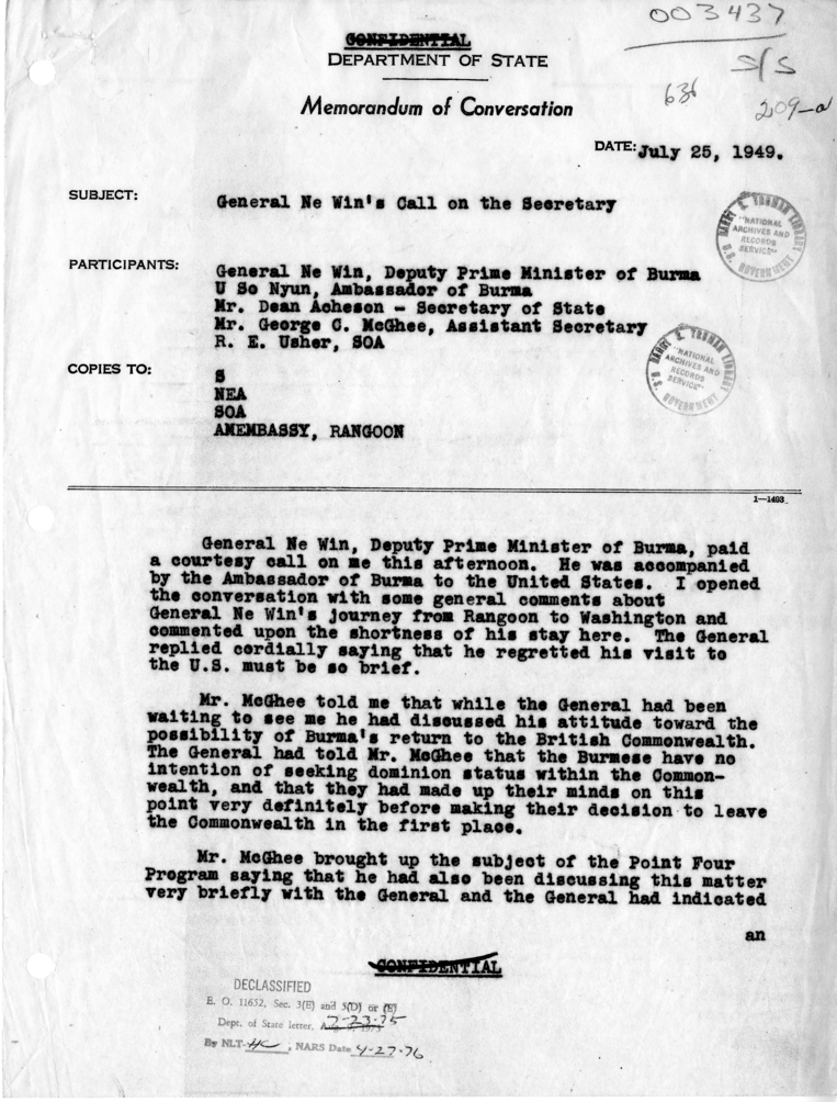 Memorandum of Conversation with the Deputy Prime Minister of Burma