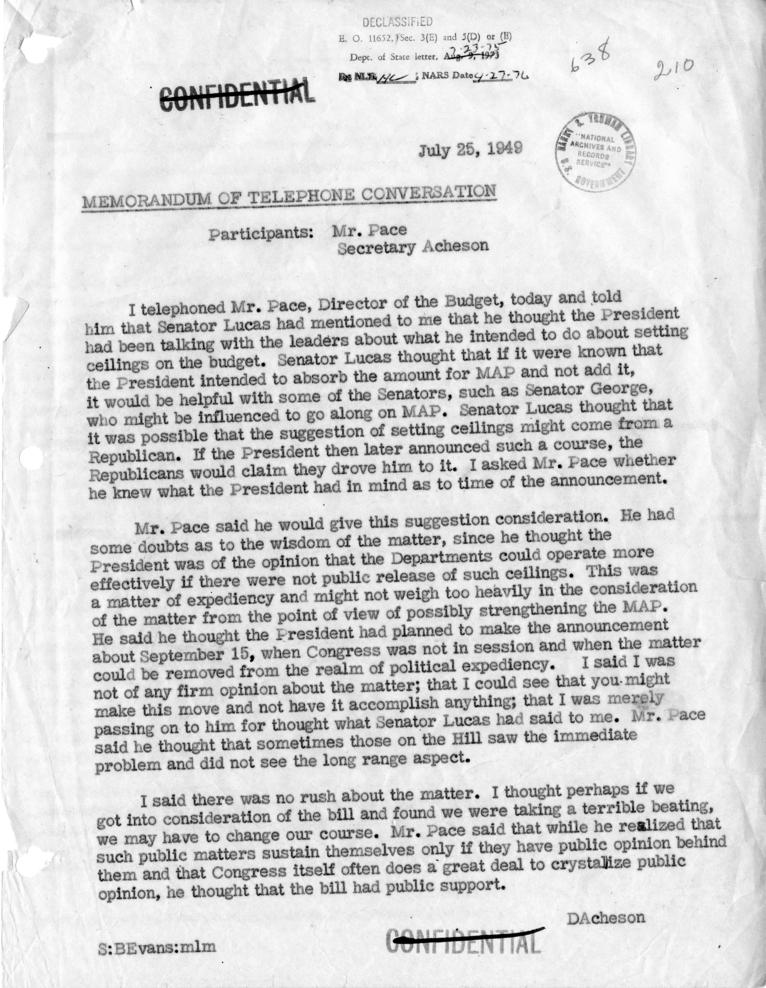 Memorandum of Telephone Conversation with Frank Pace, Director of the Budget