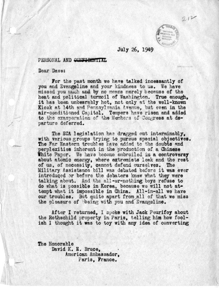 Letter, Dean Acheson to United States Ambassador to France David K. E. Bruce