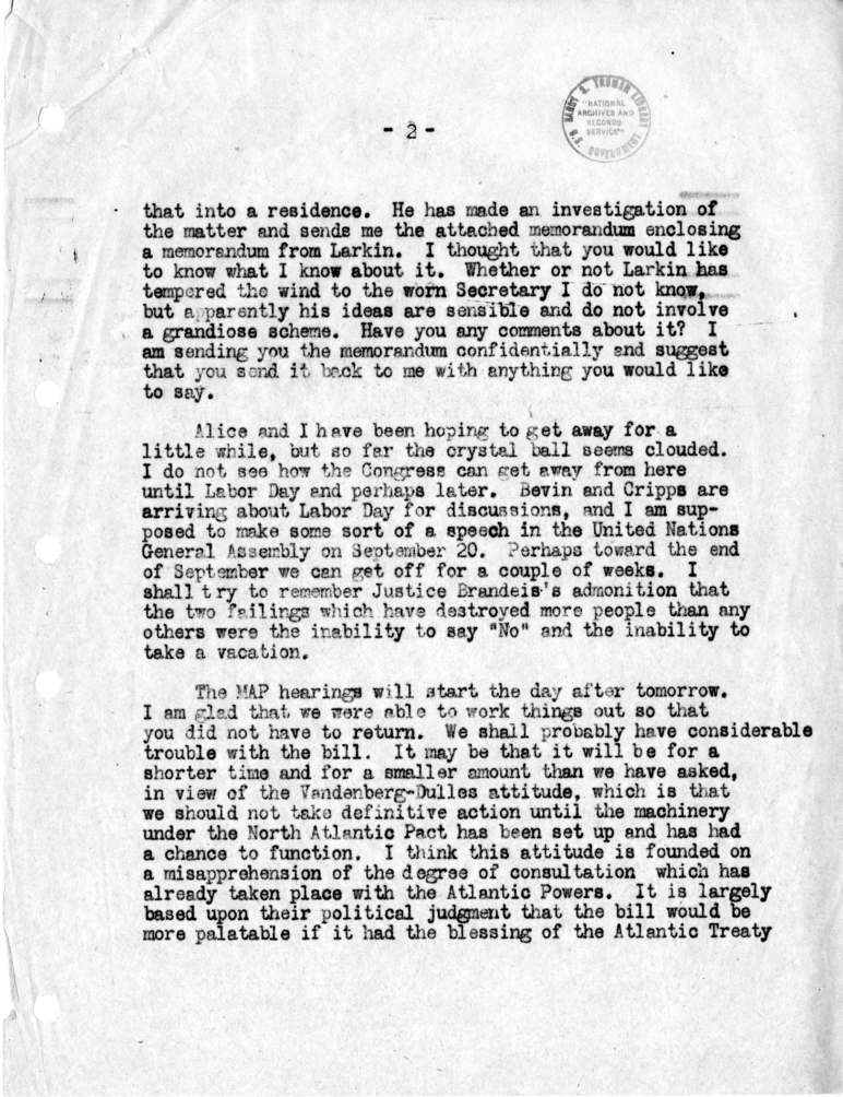 Letter, Dean Acheson to United States Ambassador to France David K. E. Bruce