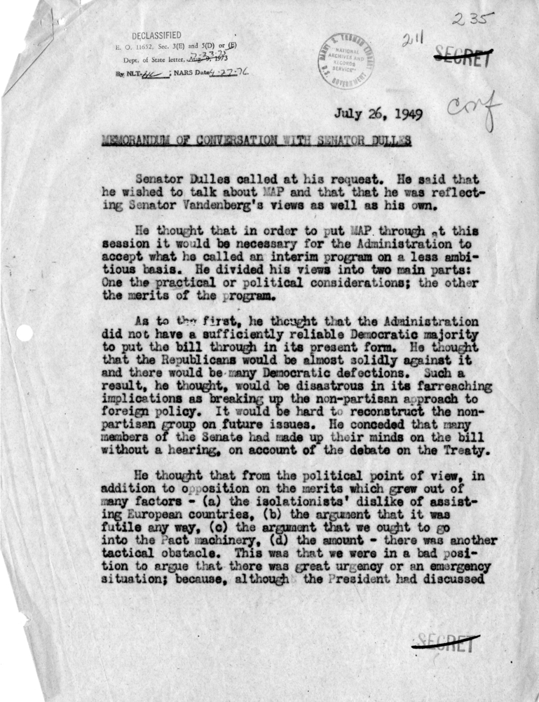 Memorandum of Conversation with Senator John Foster Dulles
