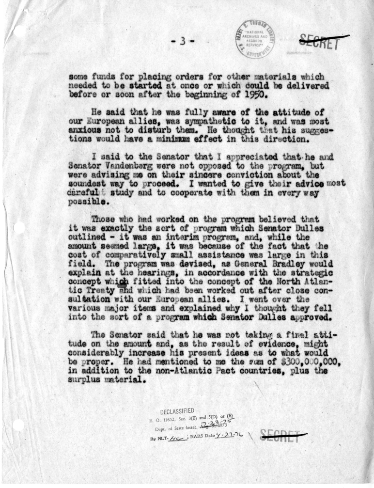 Memorandum of Conversation with Senator John Foster Dulles