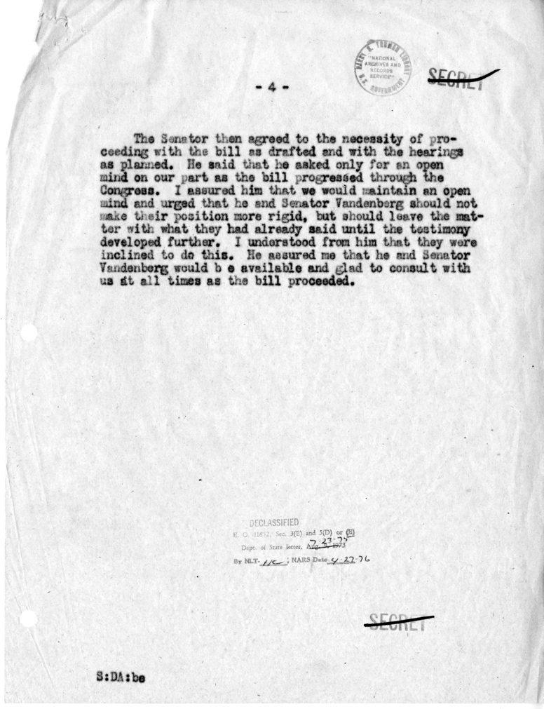 Memorandum of Conversation with Senator John Foster Dulles