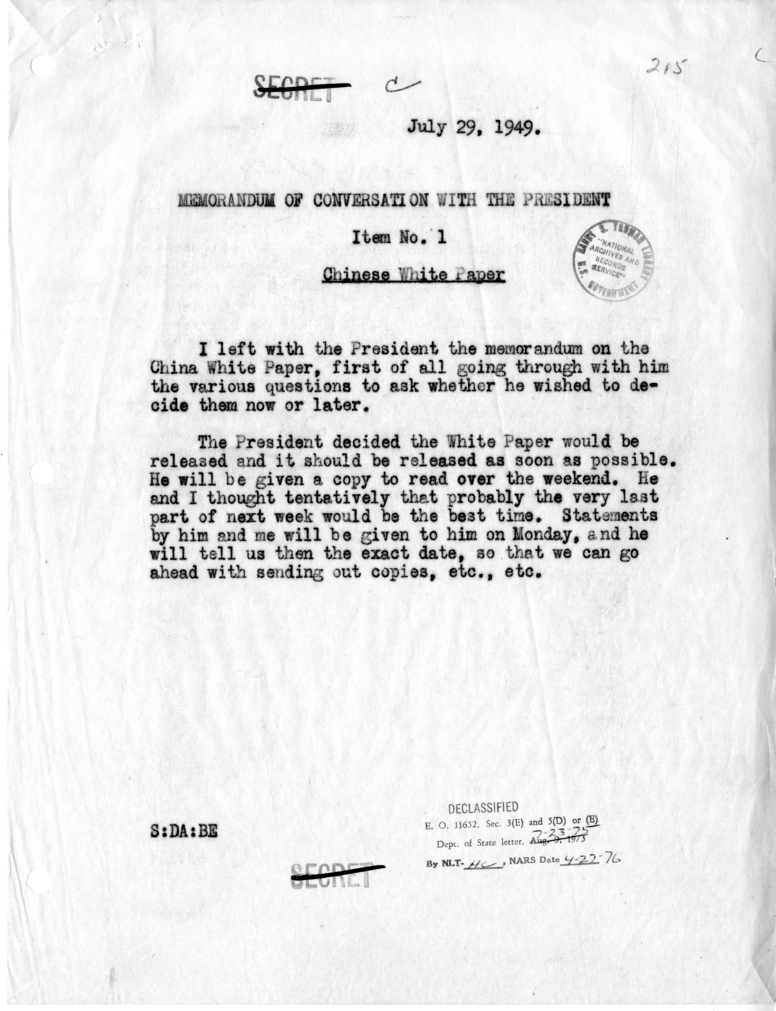 Memorandum of Conversation with the President