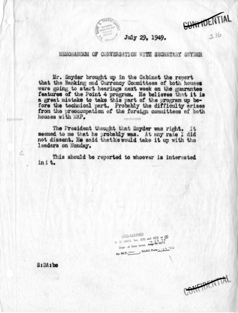 Memorandum of Conversation with Secretary John Snyder
