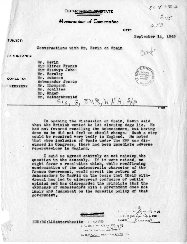 Memorandum of Conversation with Ernest Bevin, Sir Oliver Franks, and Others Regarding Spain