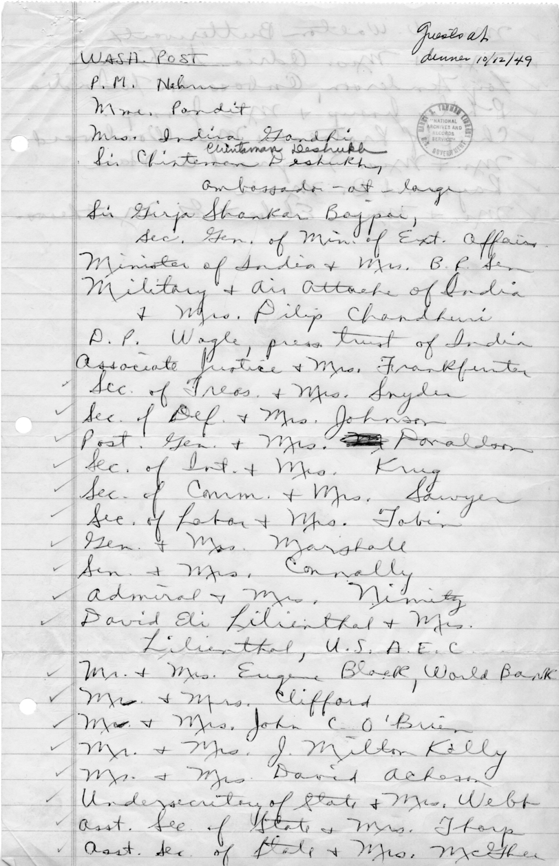 Guest List for Luncheon with Prime Minister of India Jawaharlal Nehru