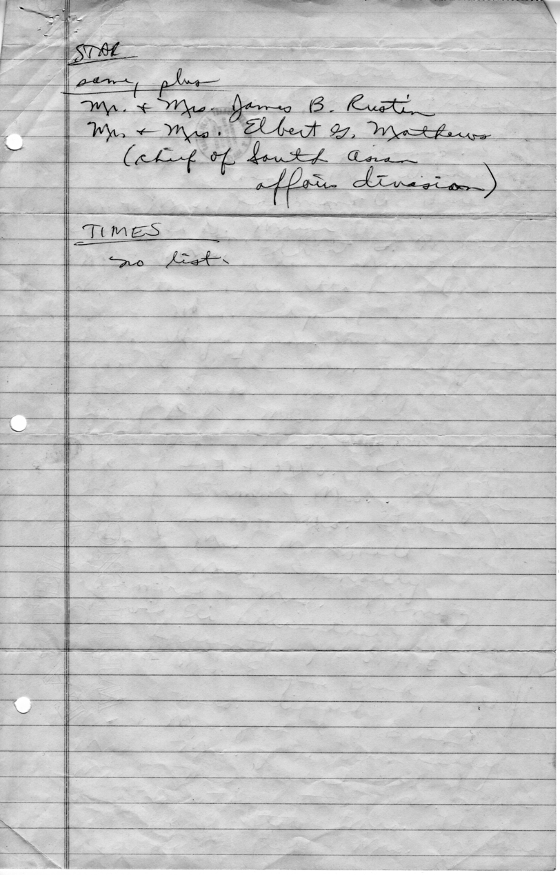 Guest List for Luncheon with Prime Minister of India Jawaharlal Nehru