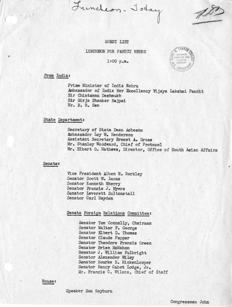 Guest List for Luncheon with Prime Minister of India Jawaharlal Nehru