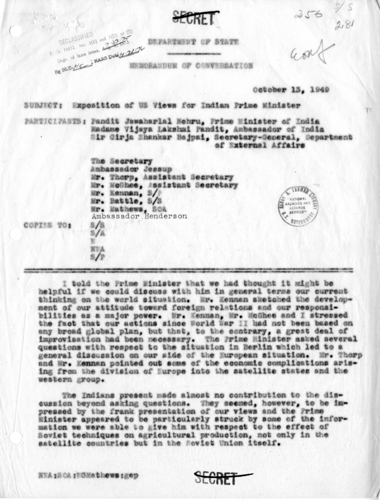 Memorandum of Conversation with Pandit Jawaharlal Nehru, Madame Vijaya Lakshmi Pandit, and Others