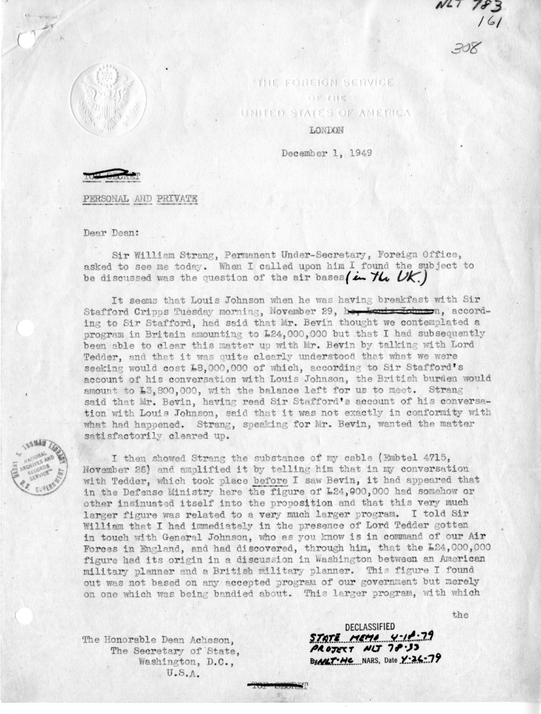 Letter, Lewis Douglas to Dean Acheson