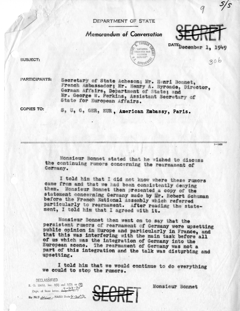 Memorandum of Conversation with Henri Bonnet, Henry A. Byroade, and Mr. George W. Perkins