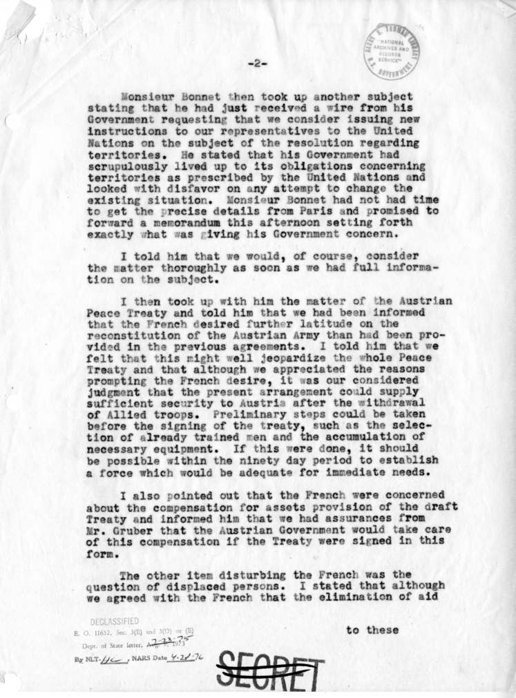 Memorandum of Conversation with Henri Bonnet, Henry A. Byroade, and Mr. George W. Perkins