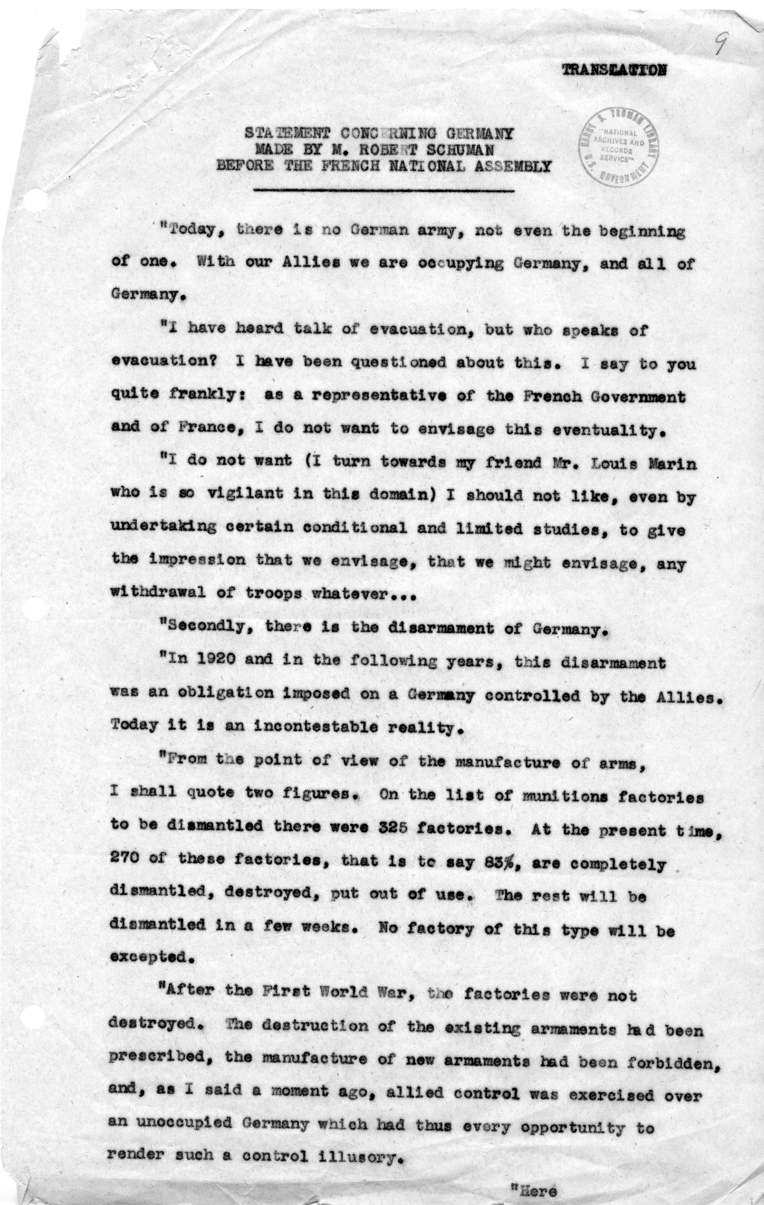 Translation of Statement Made by Robert Schuman Before the French National Assembly