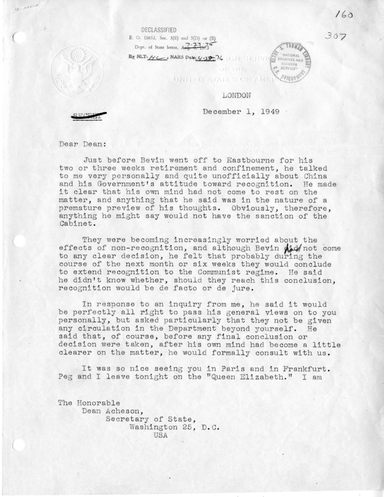 Letter, Lewis Douglas to Dean Acheson