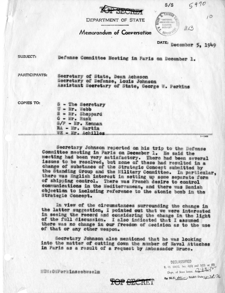Memorandum of Conversation with Secretary of Defense Louis Johnson and Assistant Secretary of State George W. Perkins