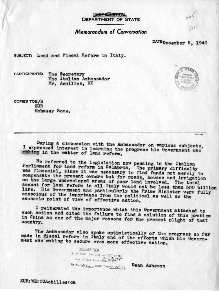 Memorandum of Conversation with the Ambassador of Italy