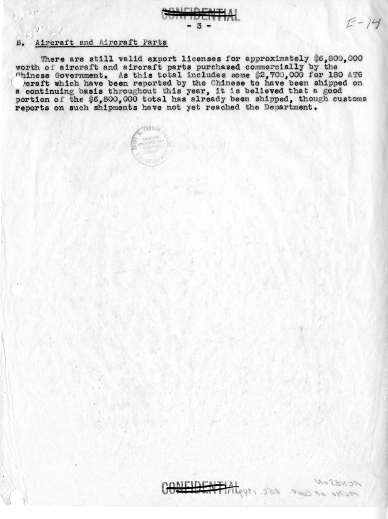 Memorandum, List of Military Materiel Being Procured for the Chinese Government