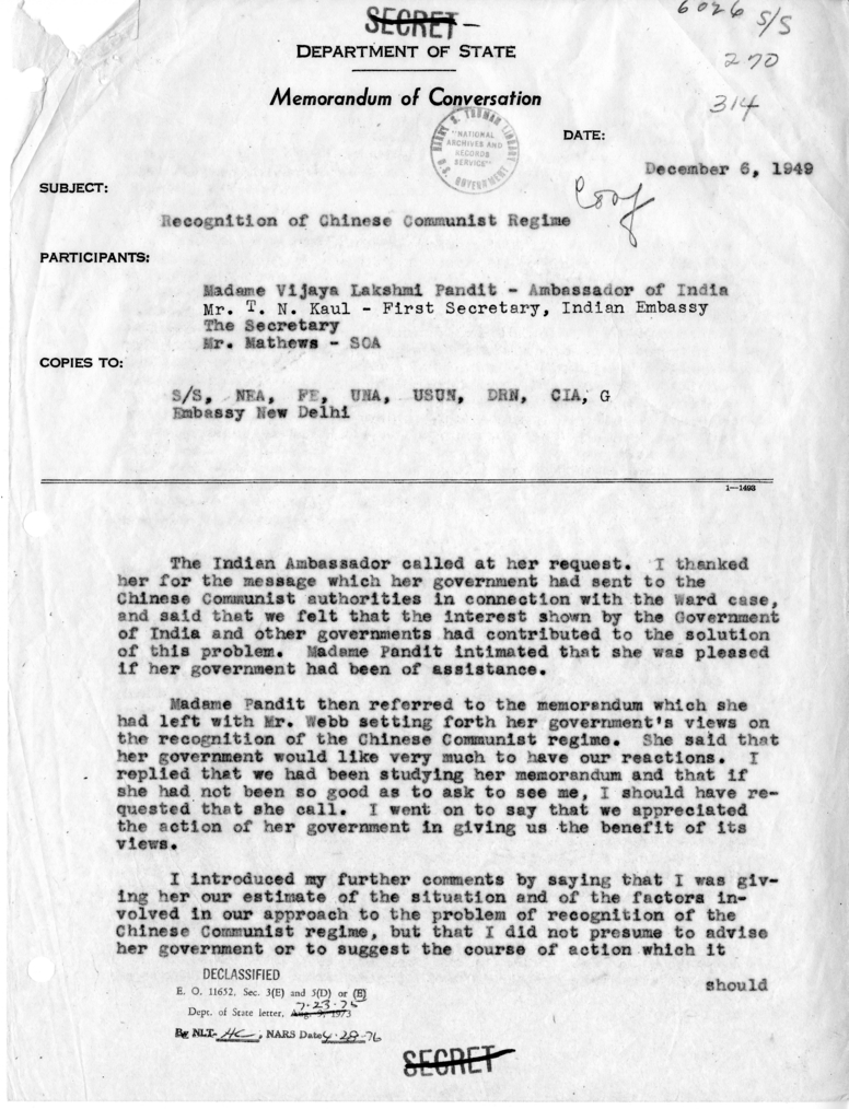 Memorandum of Conversation with the Ambassador of India, Madame Vijaya Lakshmi Pandit