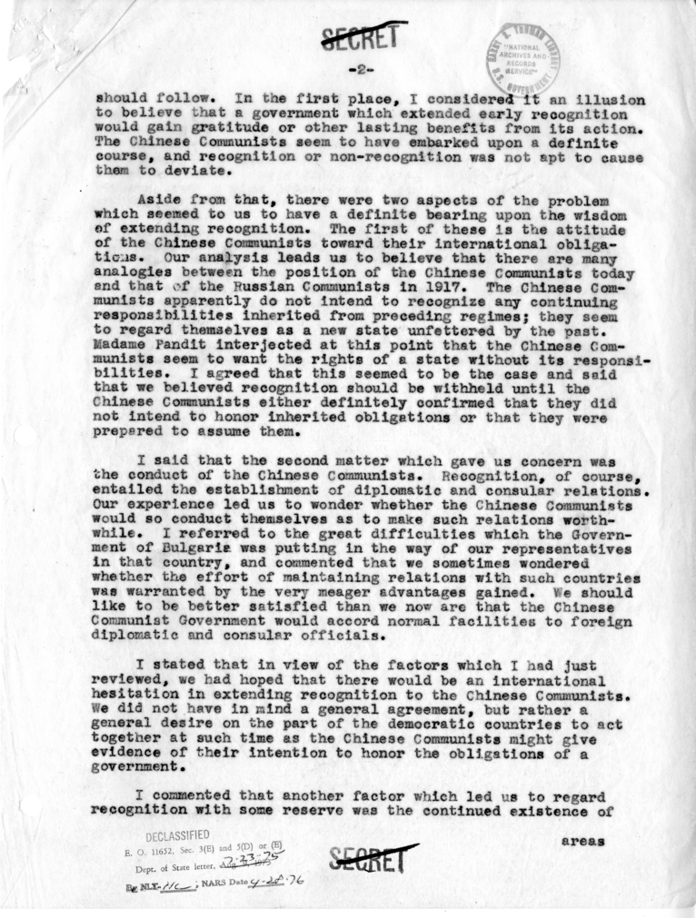 Memorandum of Conversation with the Ambassador of India, Madame Vijaya Lakshmi Pandit