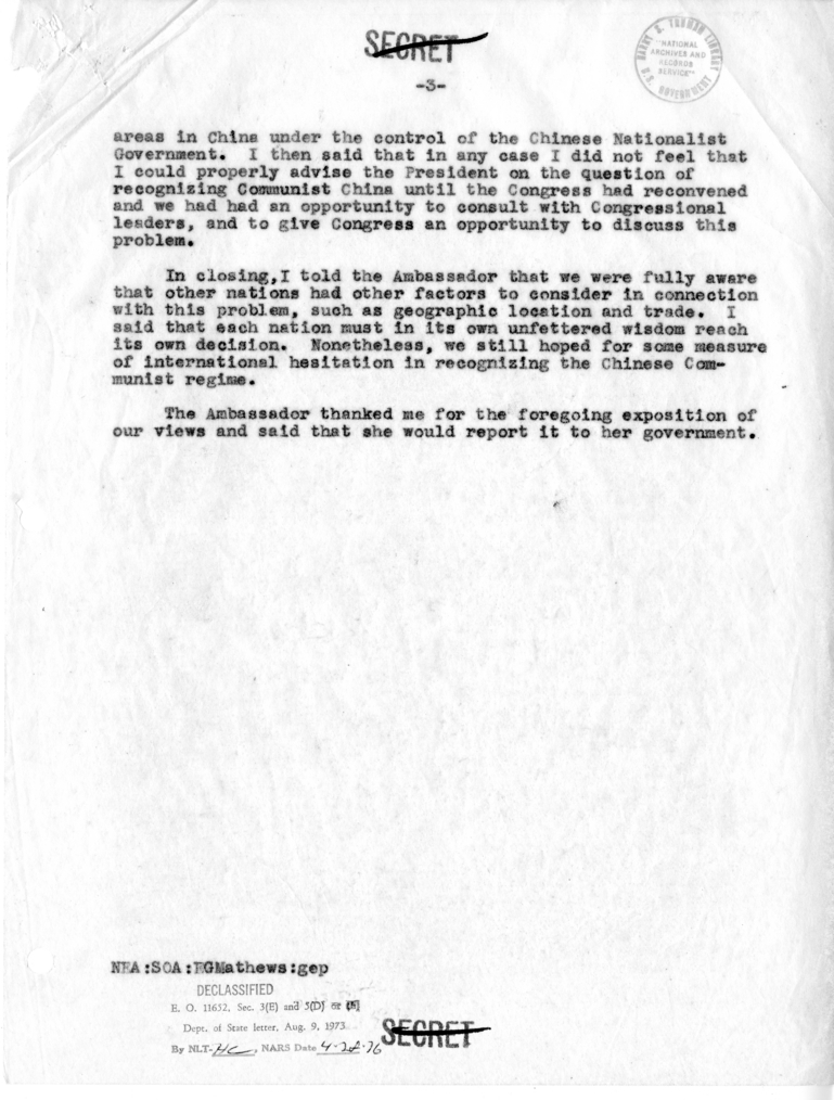 Memorandum of Conversation with the Ambassador of India, Madame Vijaya Lakshmi Pandit