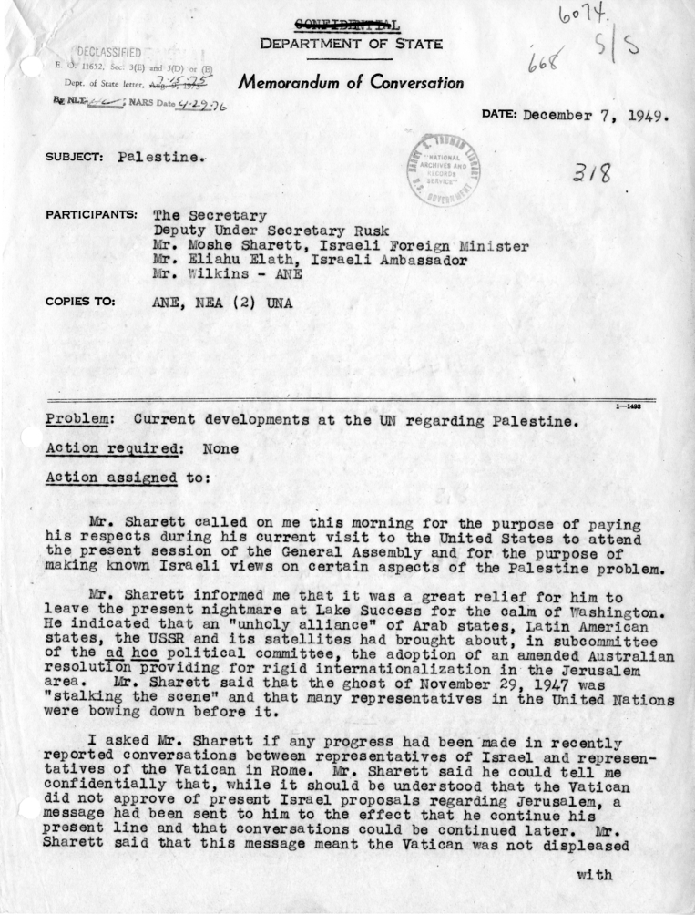 Memorandum of Conversation with Moshe Sharett, Eliahu Elath, Dean Rusk and Fraser Wilkins