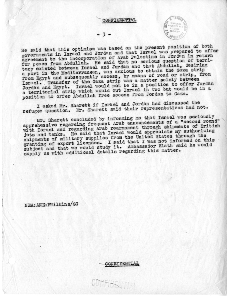 Memorandum of Conversation with Moshe Sharett, Eliahu Elath, Dean Rusk and Fraser Wilkins