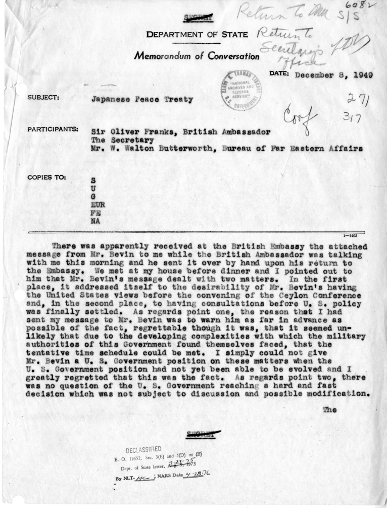 Memorandum of Conversation with Sir Oliver Franks and W. Walton Butterworth