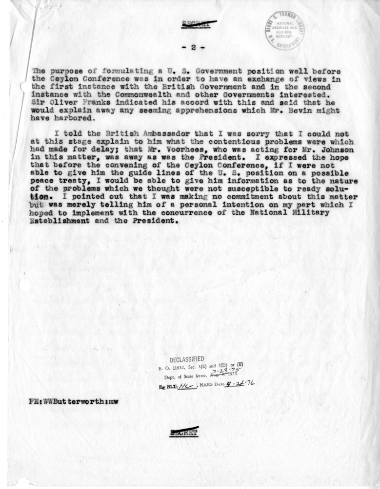 Memorandum of Conversation with Sir Oliver Franks and W. Walton Butterworth
