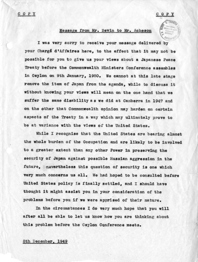 Message from Ernest Bevin to Dean Acheson