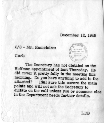 Memorandum of Telephone Conversation with Mr. Paul Hoffman