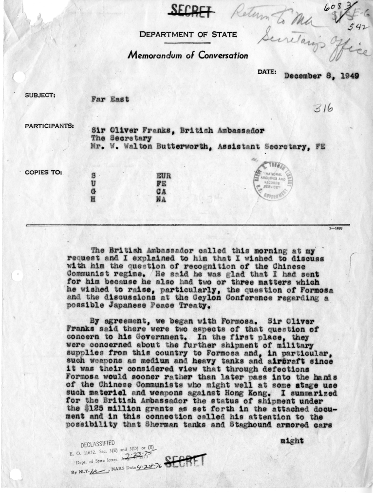 Memorandum of Conversation with Sir Oliver Franks and W. Walton Butterworth