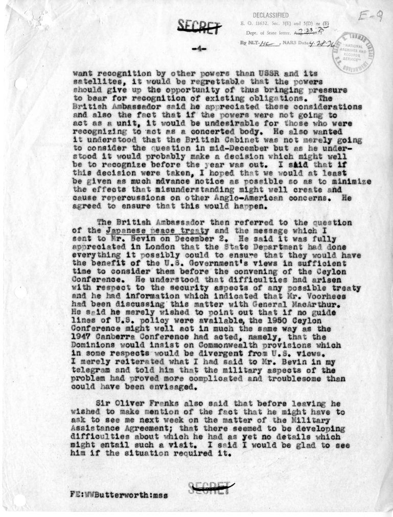 Memorandum of Conversation with Sir Oliver Franks and W. Walton Butterworth