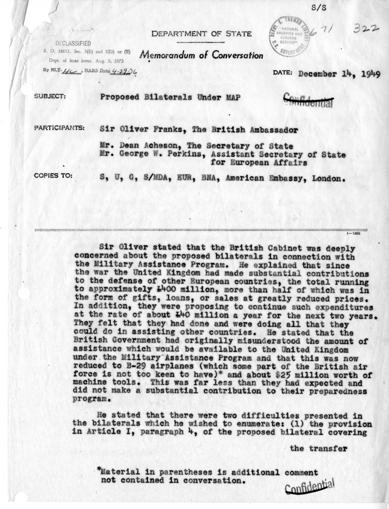 Memorandum of Conversation with Sir Oliver Franks and George W. Perkins